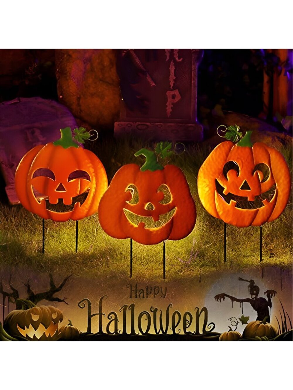3 Pack Halloween Lighted Pumpkin Garden Stakes, Metal Jack-o-Lantern